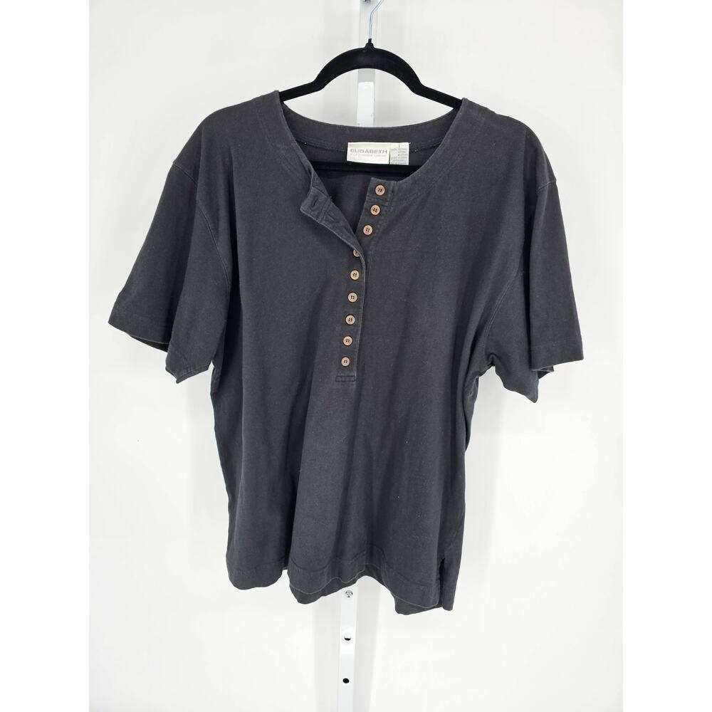 Elisabeth Women's Black Half Button Round Neck Short Sleeve Pullover Top Size 1X